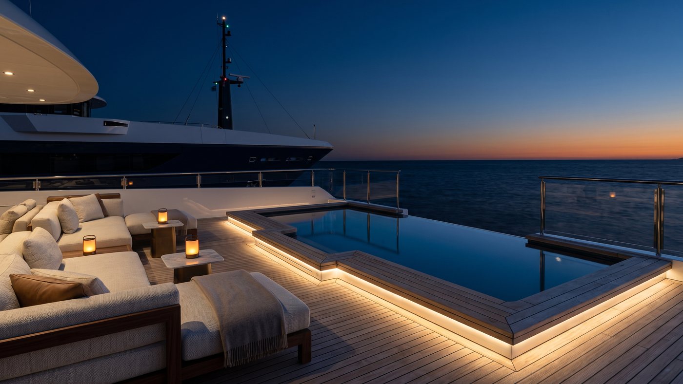 The upper deck at blue hour, warm lanterns beside a still pool.