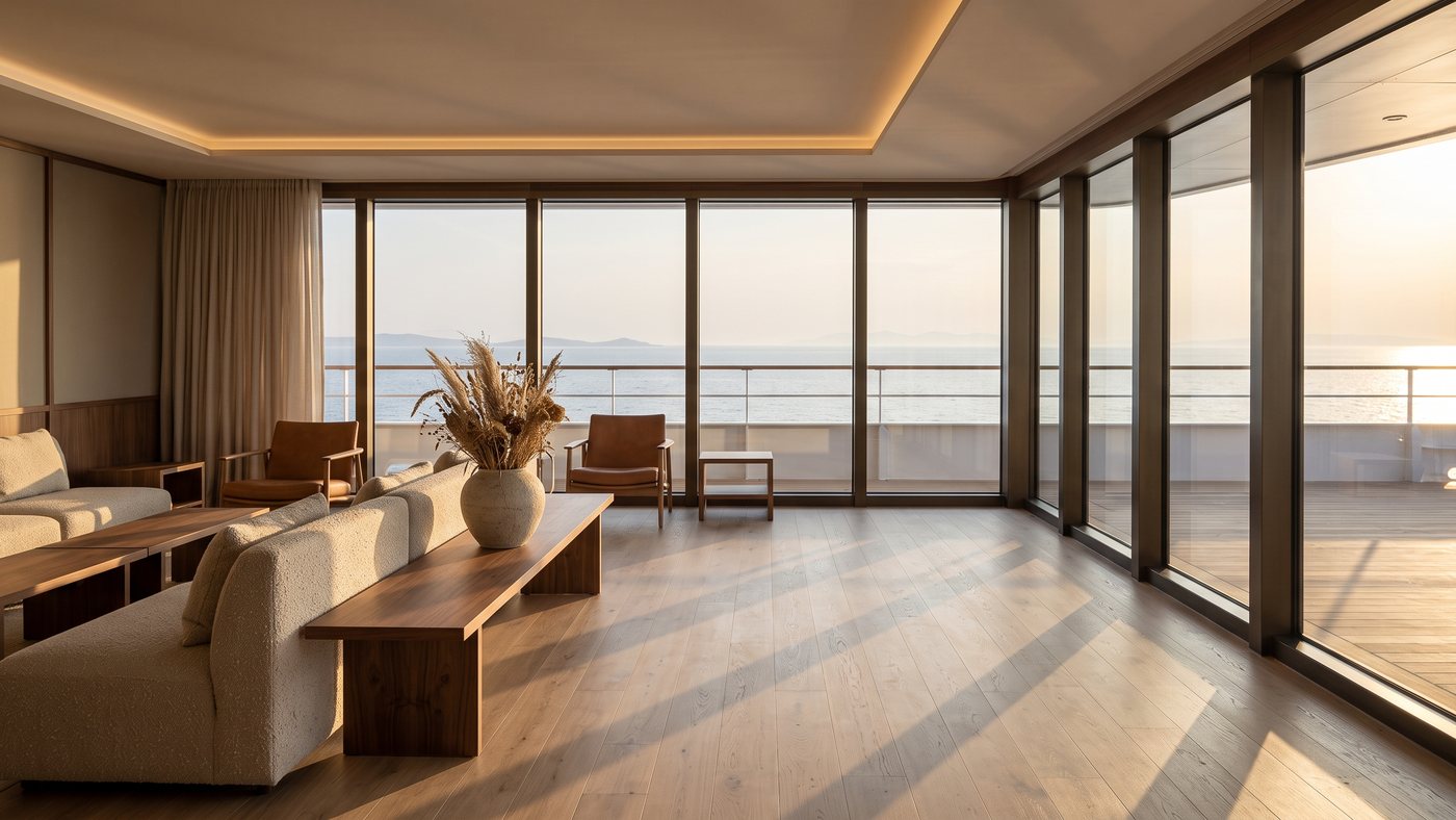A quiet lounge aboard a modern luxury yacht at golden hour, sea filling the windows.