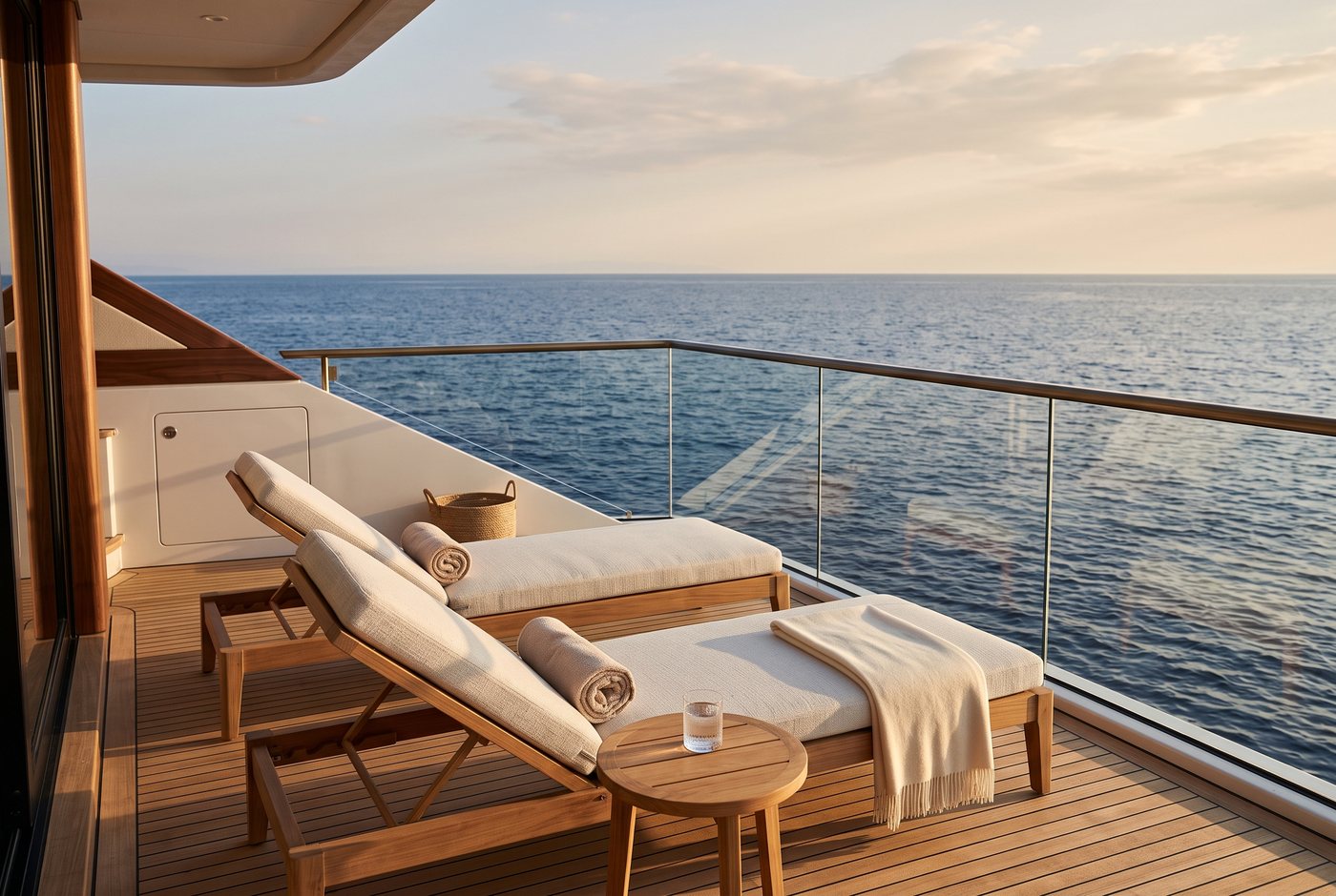 A private suite terrace with teak loungers looking out over open water.