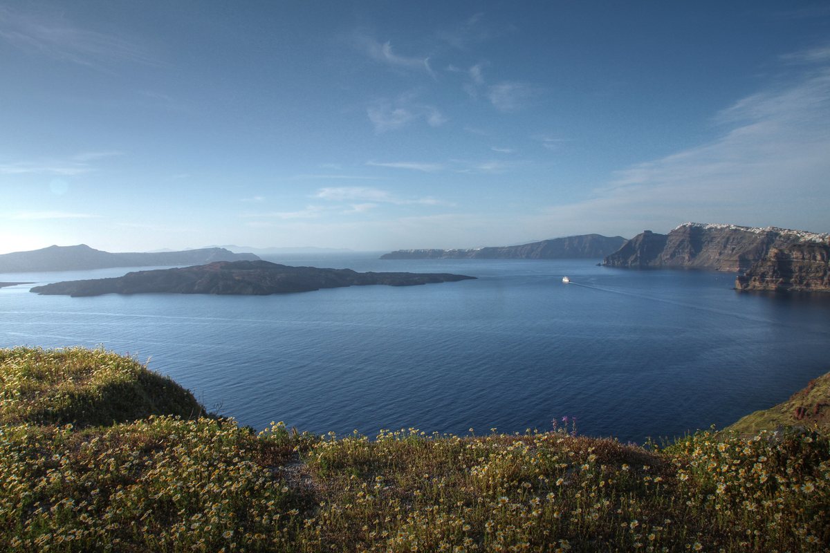 The Santorini caldera, with the volcanic islet at its centre.