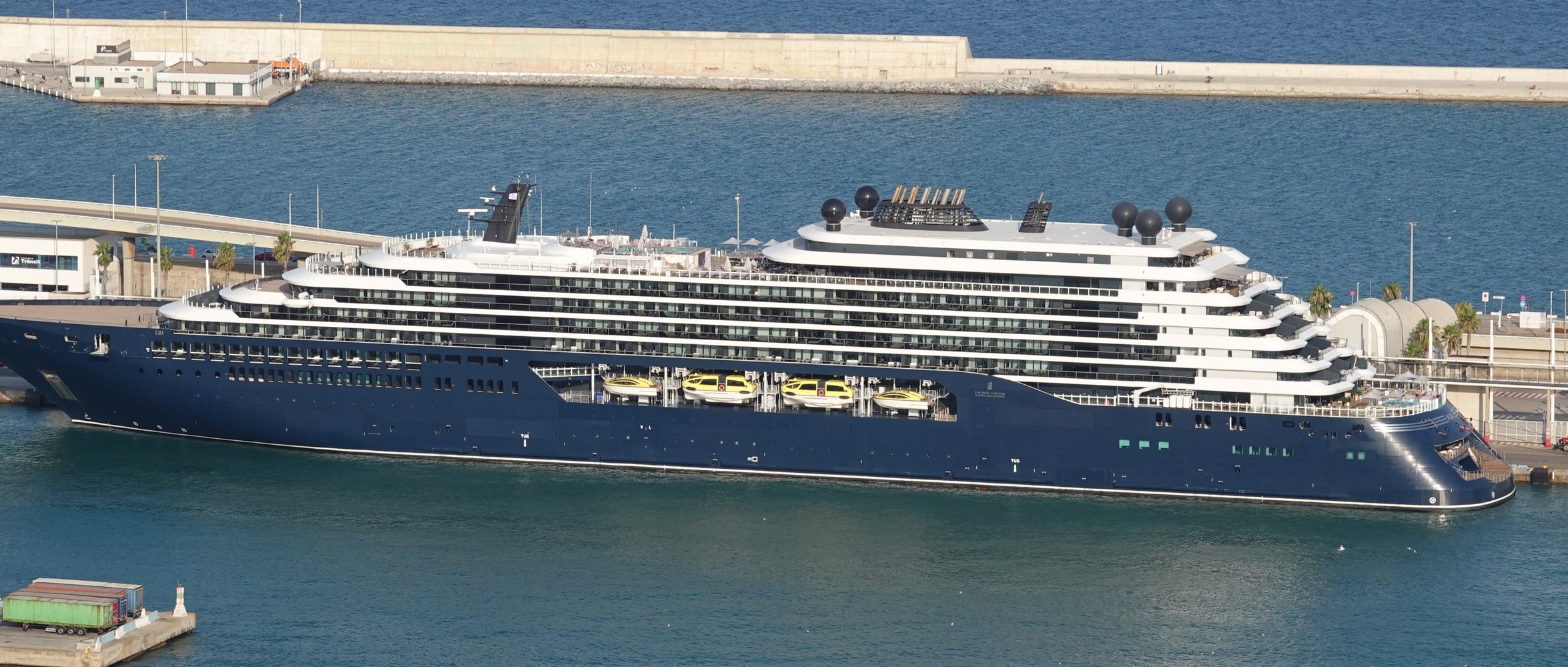 Ilma, The Ritz-Carlton Yacht Collection's 456-guest superyacht, lying alongside in port.