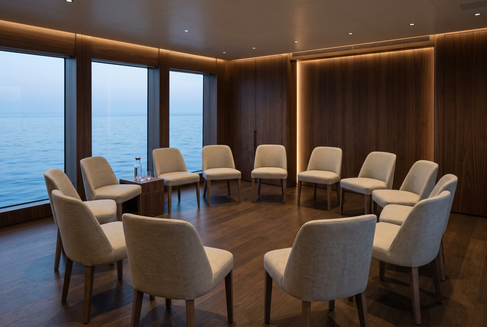A private meeting room aboard ship, chairs arranged in a single open circle facing the sea.