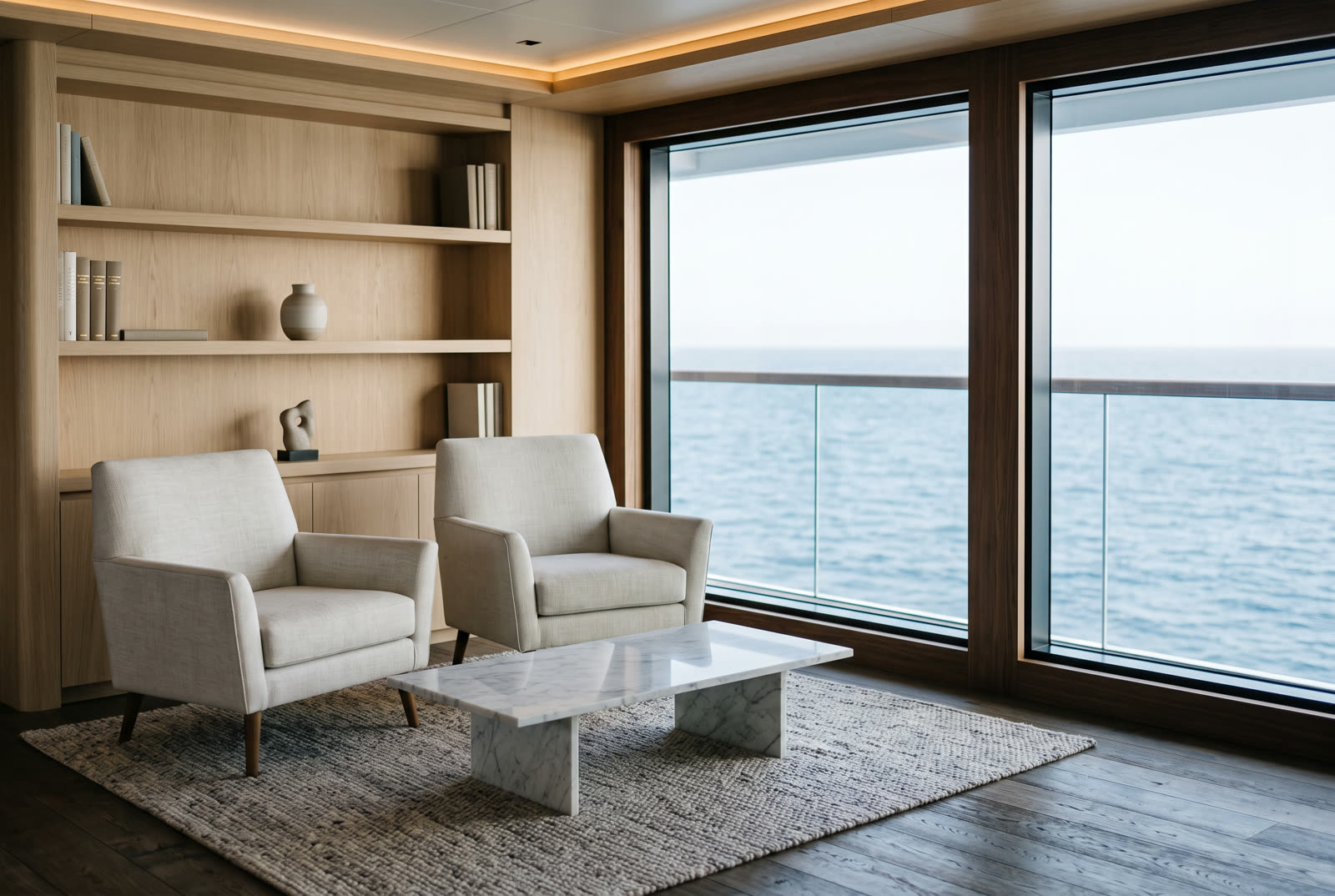 A quiet lounge aboard ship, two chairs facing each other beside a window onto the sea.