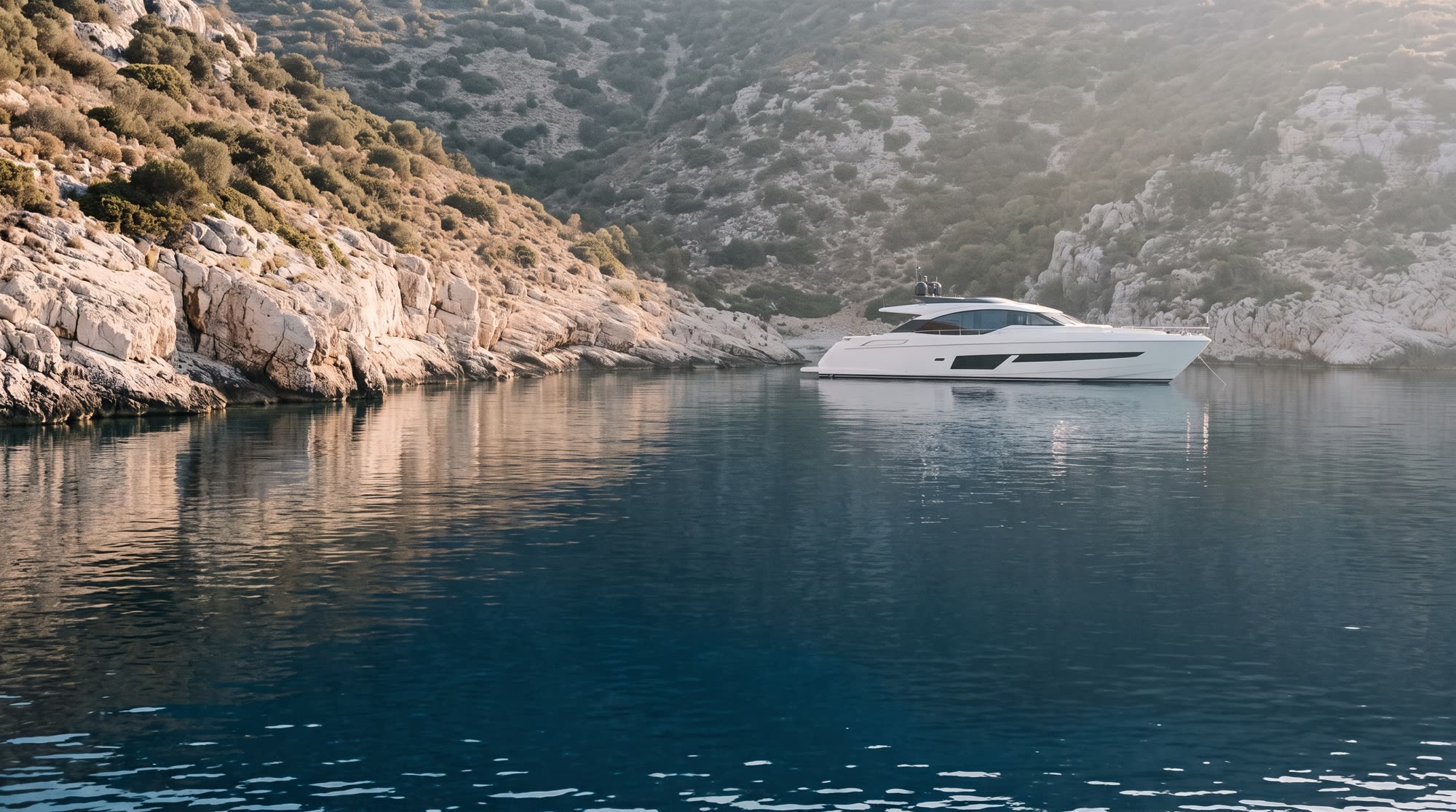 A yacht at anchor in a secluded Greek cove at first light.